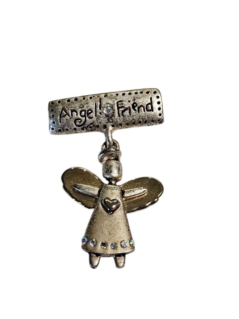 Distressed Silvertone Goldtone AB Rhinestone Angel Friend Brooch Pin 2.25 inches